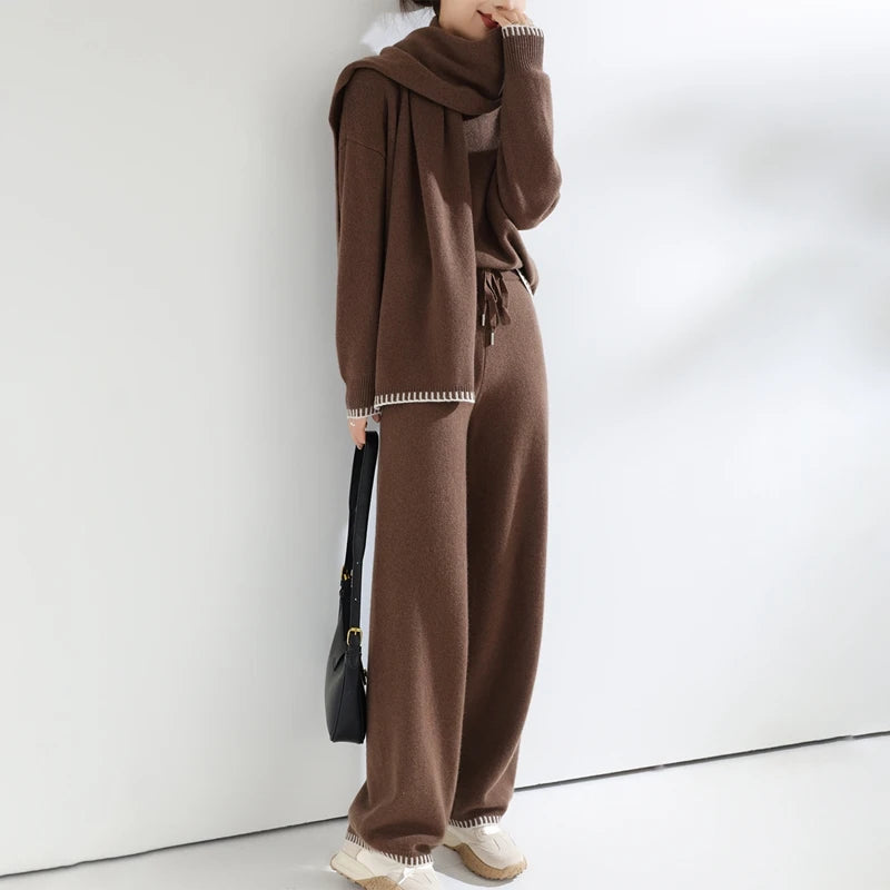 طقم نسائي فاخر 3 قطع – كنزة صوف ميرينو مع بنطال مريح ووشاح أنيق