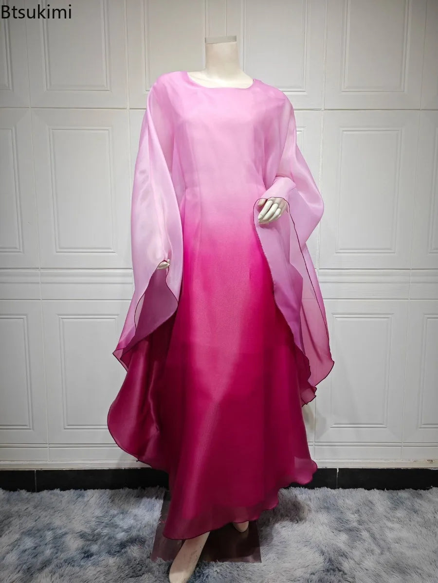 فستان نسائي طويل متدرج الألوان بأكمام جناح الخفاش – عباية أنيقة ساتان للمناسبات والإطلالات الراقية