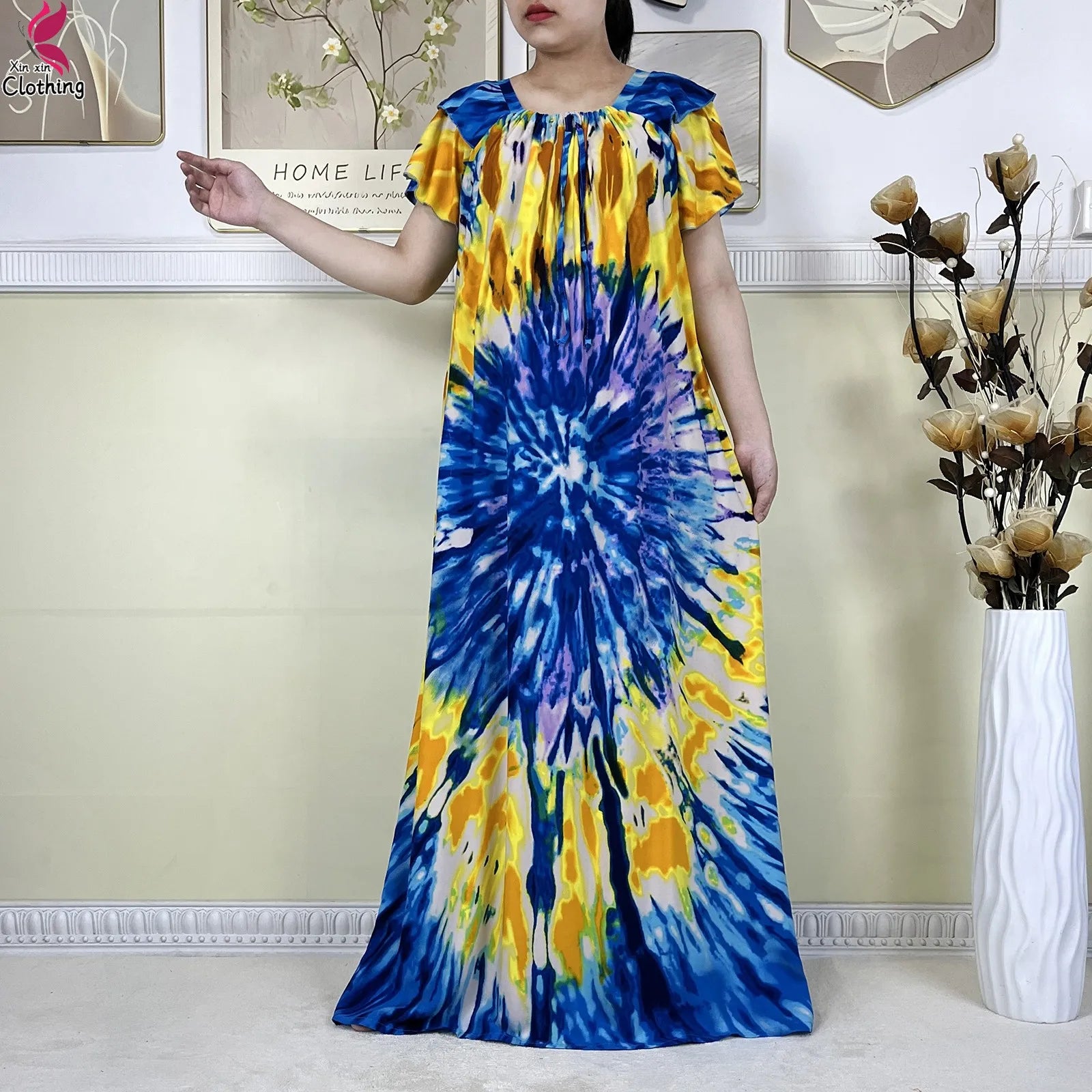 2025 New African Lady Summer Short Sleeve Dresses Boat-Neck Tie-dye Loose Boubou Maxi African Abaya Clothes Islam Women Dress