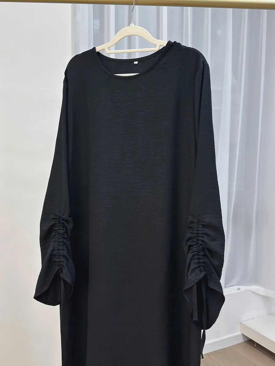 Vestidos Muslim Women Dubai Abaya Drawstring Sleeve Long Dress Kaftan Solid Modest Ramadan Robe Plus Size Femme Islamic Clothing