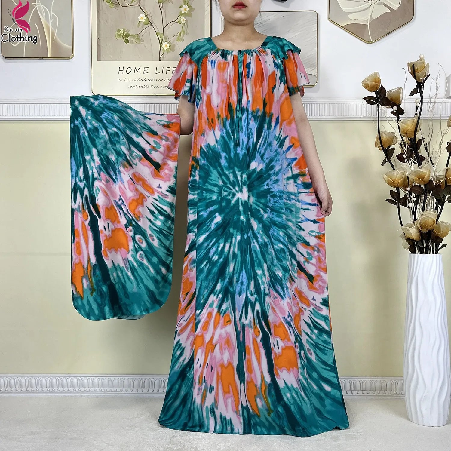 2025 New African Lady Summer Short Sleeve Dresses Boat-Neck Tie-dye Loose Boubou Maxi African Abaya Clothes Islam Women Dress