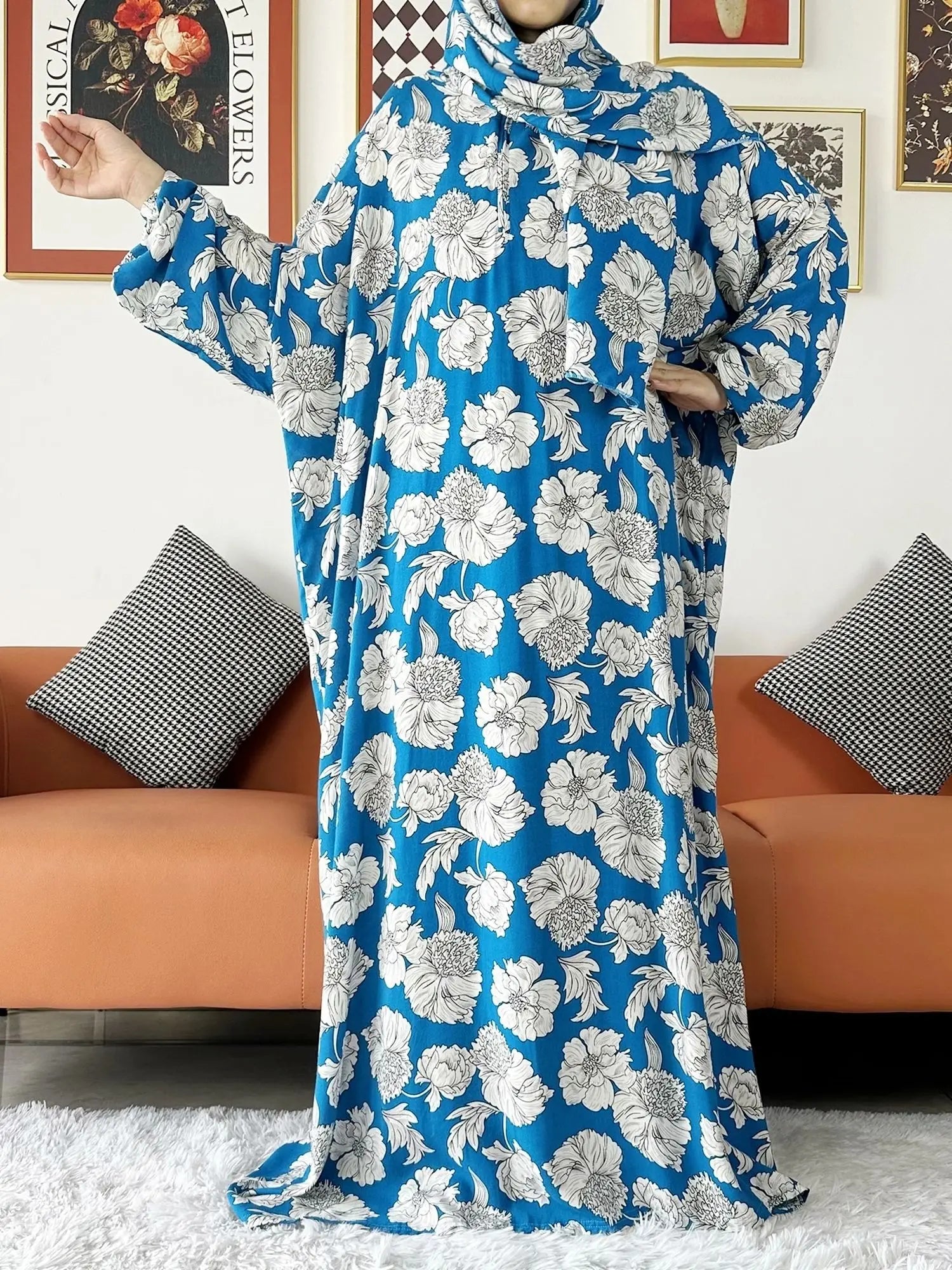 عباية صلاة قطنية مع حجاب المدمج – عباية فضفاضة لرمضان