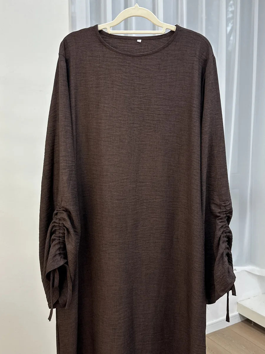 Vestidos Muslim Women Dubai Abaya Drawstring Sleeve Long Dress Kaftan Solid Modest Ramadan Robe Plus Size Femme Islamic Clothing