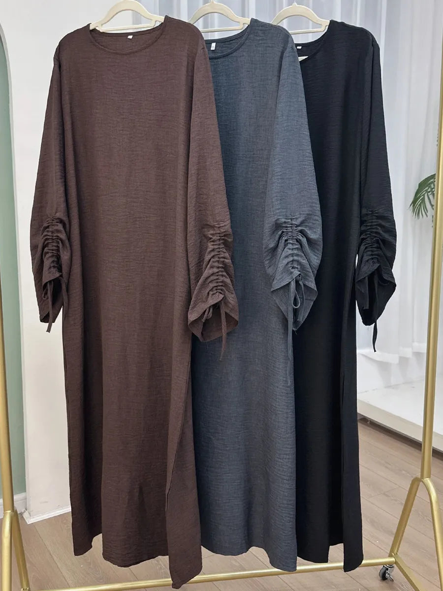 فساتين نسائية مسلمة من دبي، عباية بأكمام طويلة برباط، قفطان سادة محتشم، رداء رمضاني، مقاسات كبيرة، ملابس إسلامية نسائية