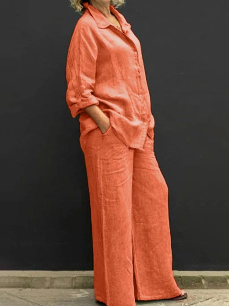 طقم نسائي كاجوال قطعتين – قميص بأكمام طويلة مع بنطال مريح بجيوب