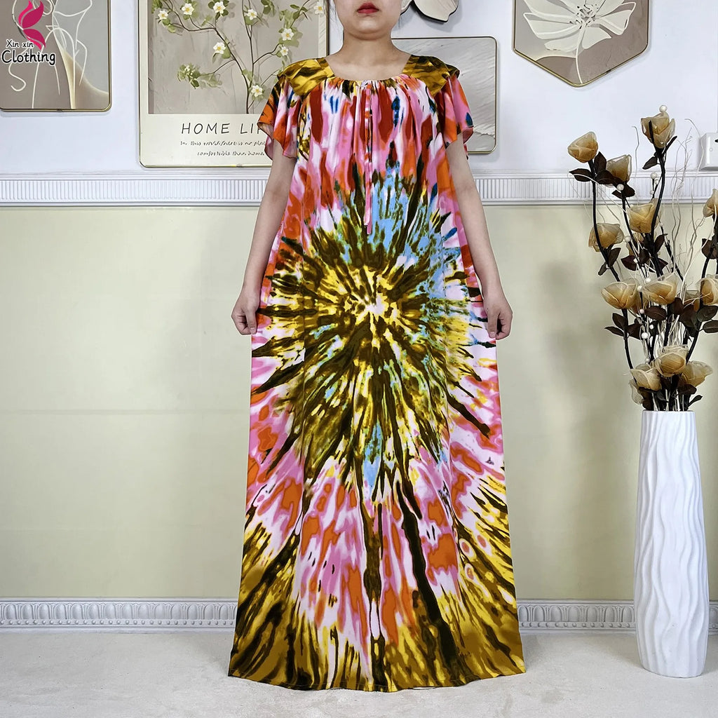 2025 New African Lady Summer Short Sleeve Dresses Boat-Neck Tie-dye Loose Boubou Maxi African Abaya Clothes Islam Women Dress