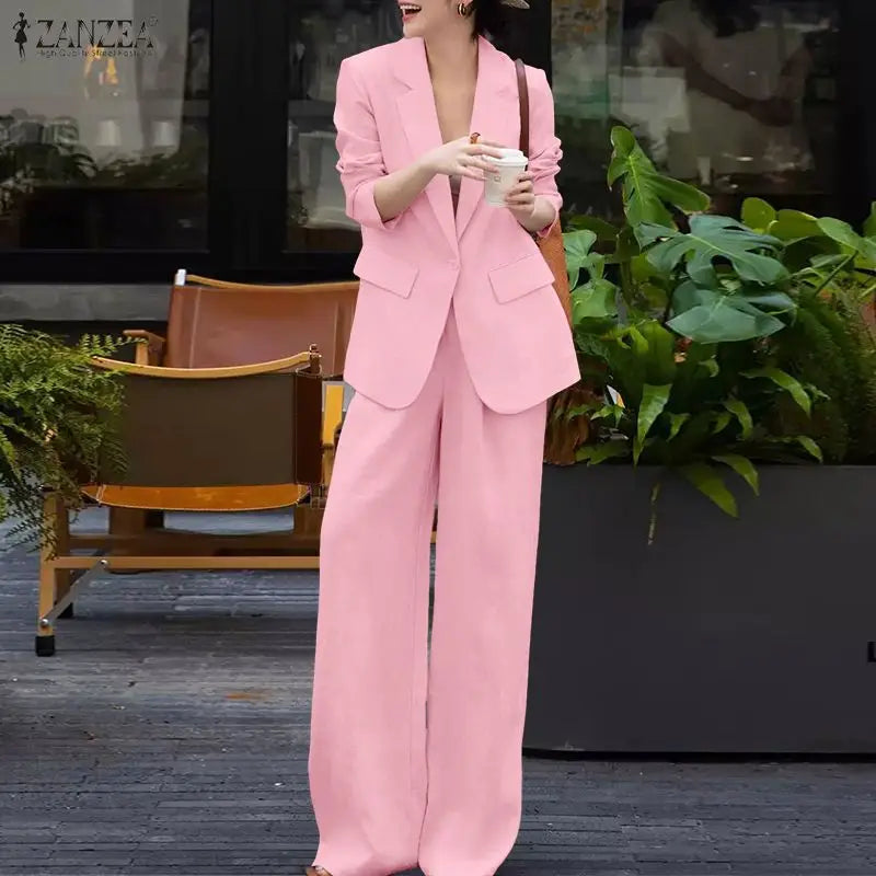 طقم نسائي أنيق قطعتين – بليزر طويل بأكمام طويلة مع بنطال واسع مريح