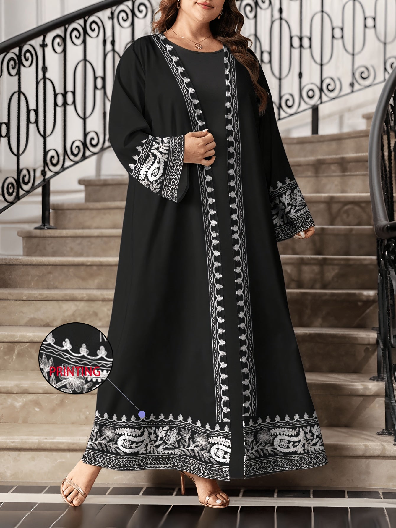 Plus Size, Women's Branch Digital Print Long Sleeve Casual Arabic Abaya Cardigan Long Outerwear, Spring and Autumn Open-Front Single-Layer Cardigan Dress, Dubai Abaya Luxury Muslim Women's Clothing