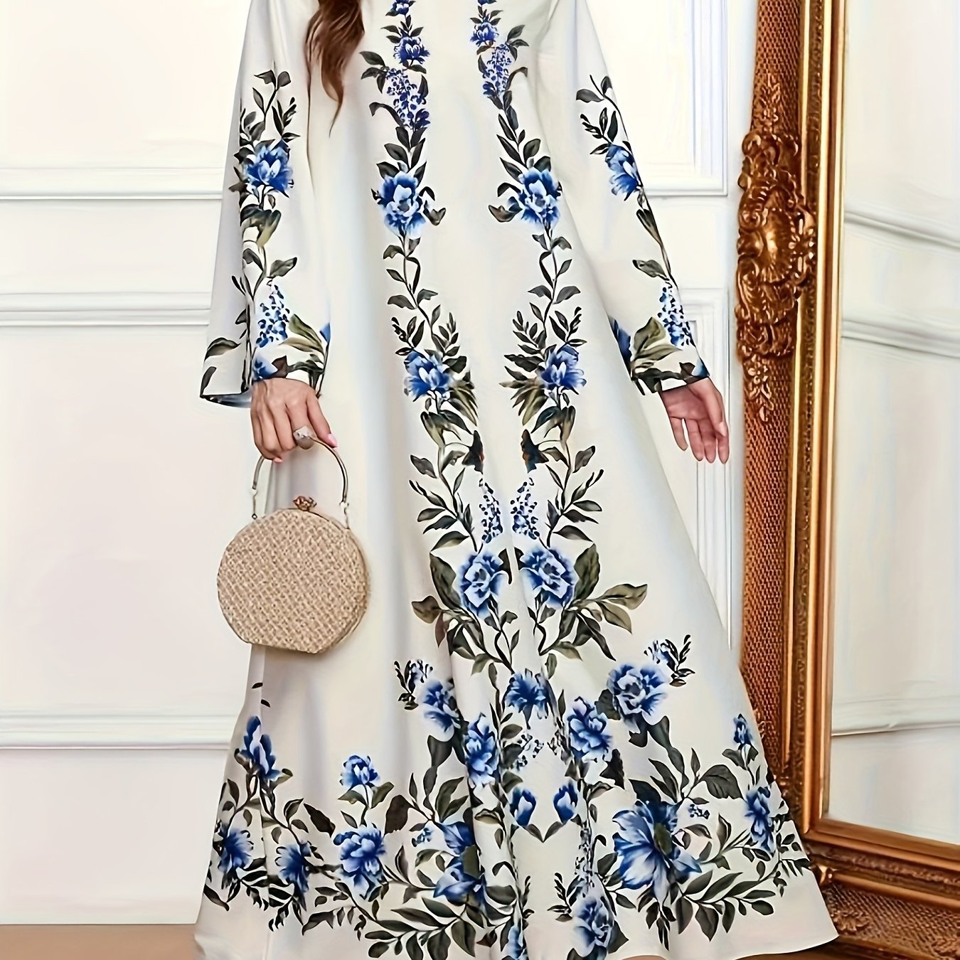 Elegant Long-Sleeved Loose Dress with a Floral Print And Crew Neck, Designed for Women