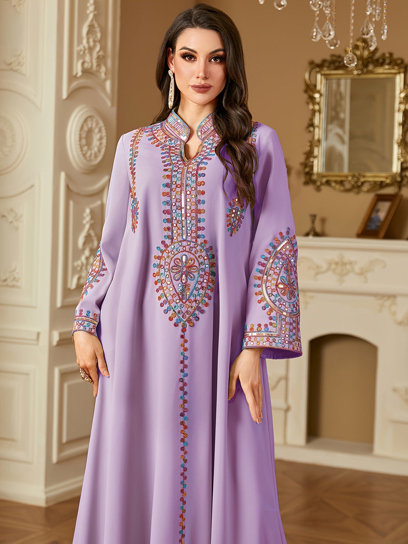 Elegant White Long Sleeve Dress with Colorful Designs and Sequins - A-Line Floor-Length Gown for Women, Perfect for Spring, Summer, and Fall, Versatile Fashion|Elegant Long Dress|Sequin Embellishments