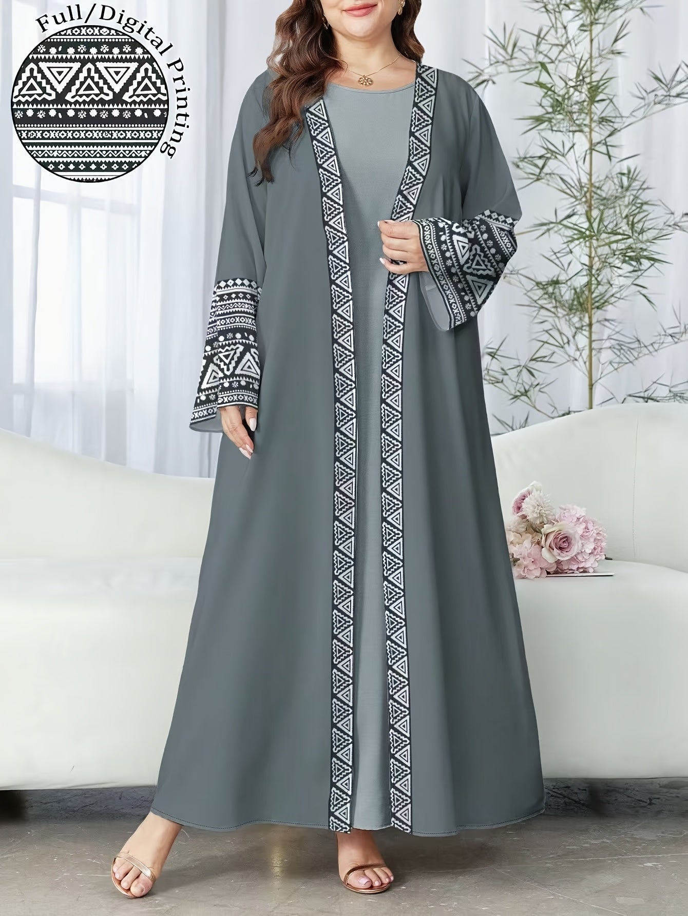 Plus Size - Plus Size - Plus-Size Women'S Geometric Striped Printed Long-Sleeve Casual Arabic Abaya, Single-Piece Cardigan Casual Coat for Spring And Autumn Islamic Women'S Clothing