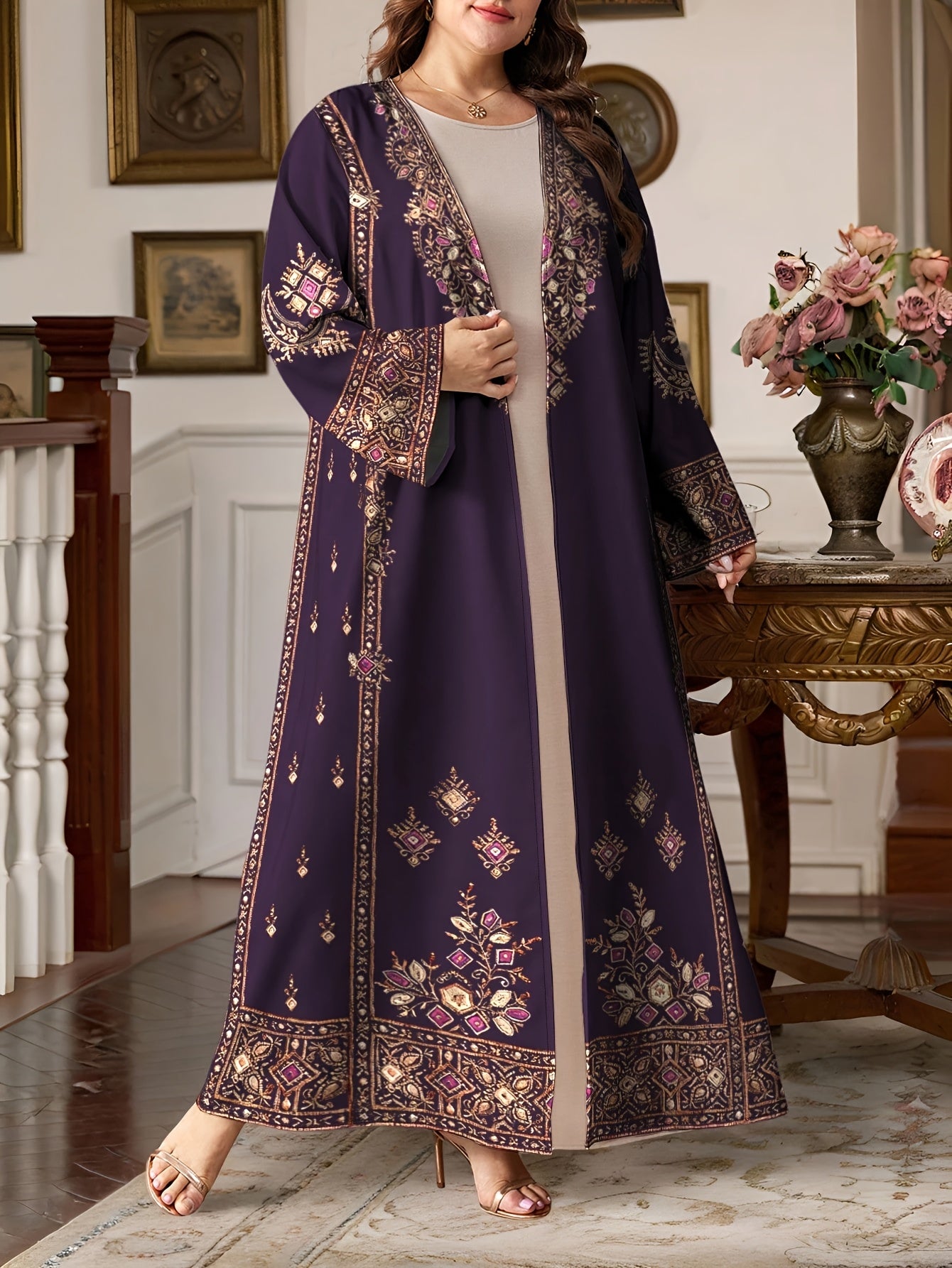 Plus Size - Plus Size - Plus-Size Women'S Geometric Striped Printed Long-Sleeve Casual Arabic Abaya, Single-Piece Cardigan Casual Coat for Spring And Autumn Islamic Women'S Clothing