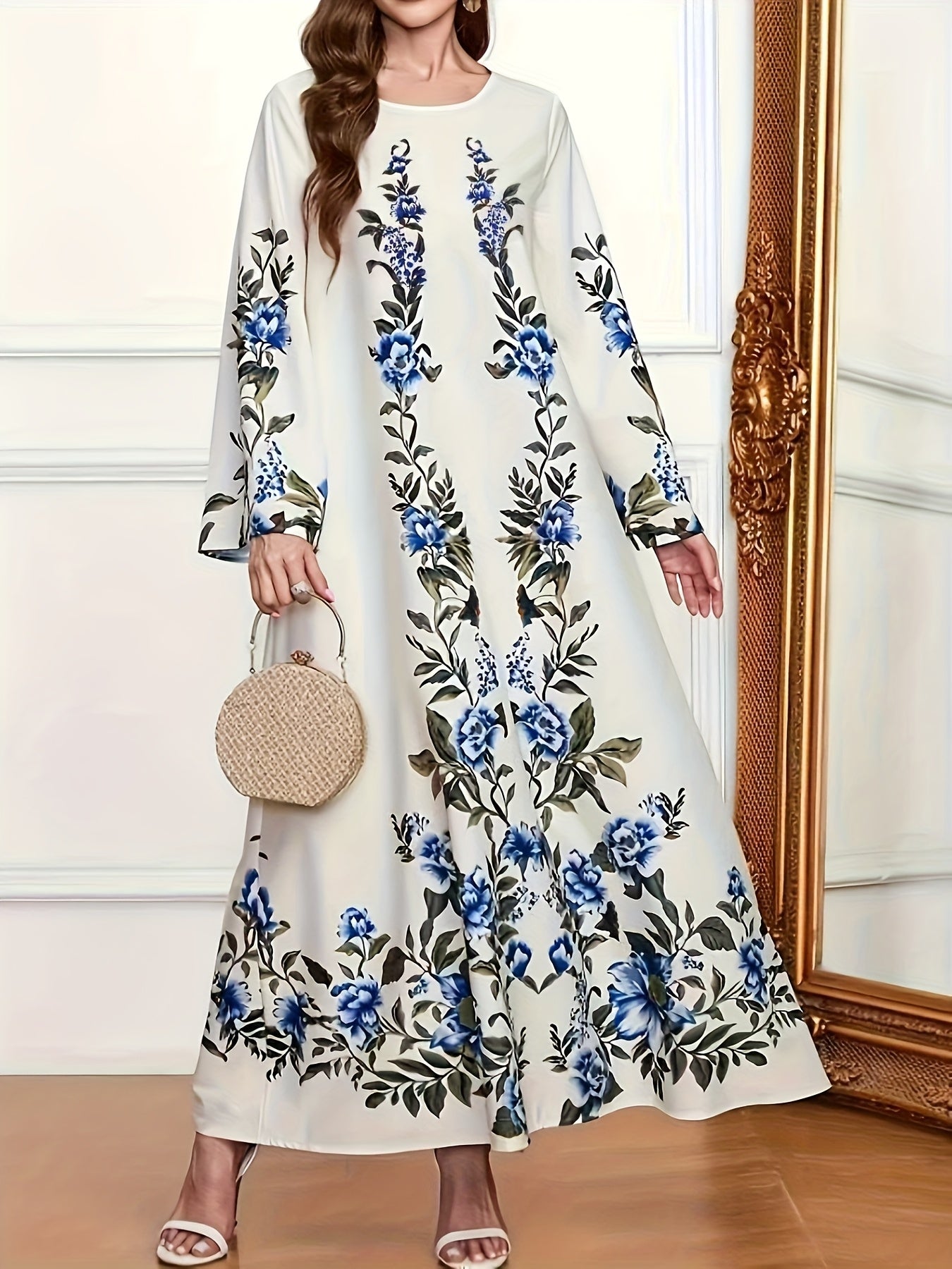 Elegant Long-Sleeved Loose Dress with a Floral Print And Crew Neck, Designed for Women