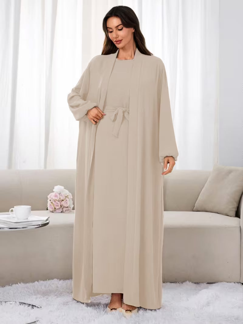 1Set Fashionable, Elegant And Casual Belt Inner And Wristband Elastic Solid Color Suitable for Daily Wear Loose And Comfortable Women'S Abaya Open Shirt Matching Suit.Abayas for Women Muslim Ferace Tesettür Clothing Women Robe Voile Khimar Hijab