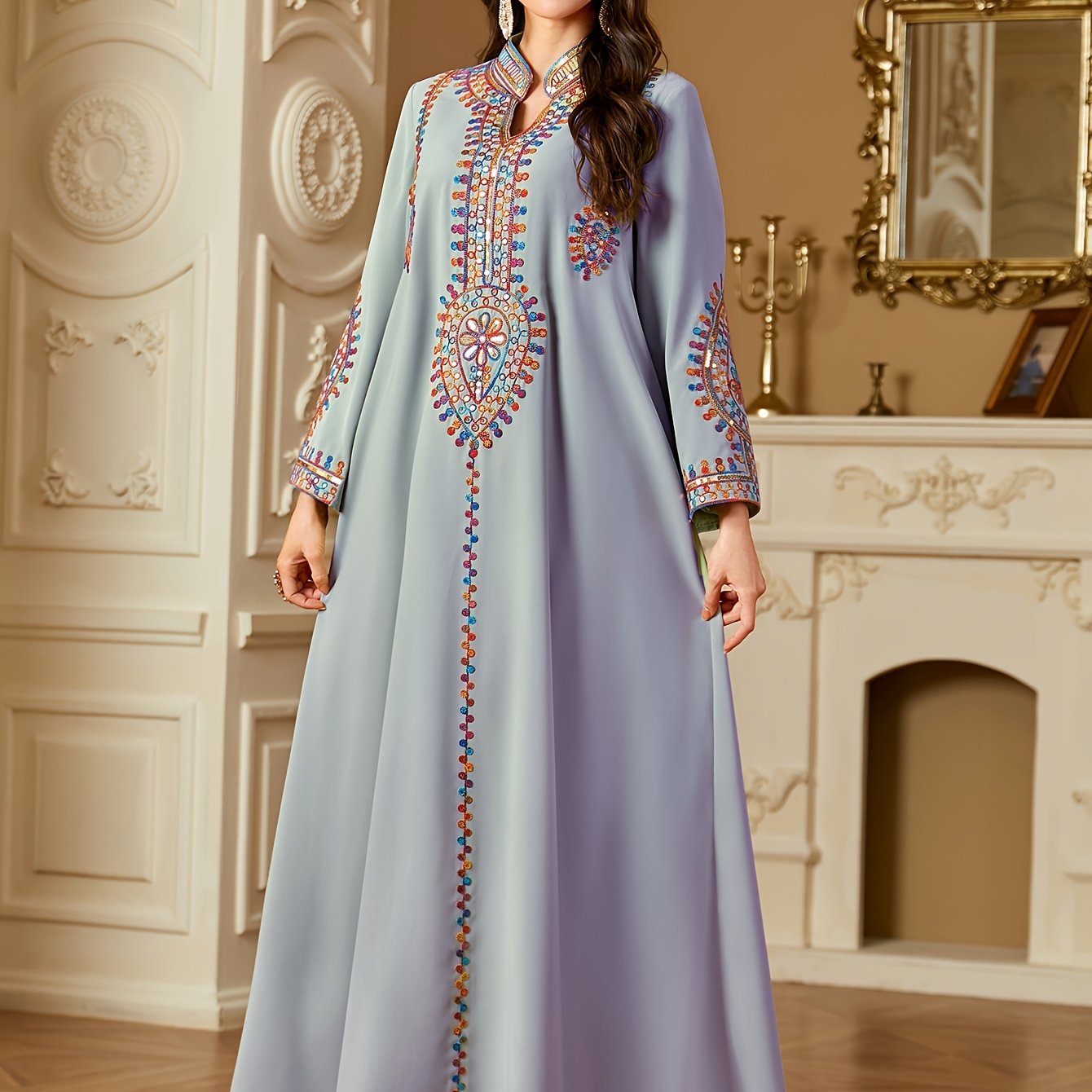 Elegant White Long Sleeve Dress with Colorful Designs and Sequins - A-Line Floor-Length Gown for Women, Perfect for Spring, Summer, and Fall, Versatile Fashion|Elegant Long Dress|Sequin Embellishments