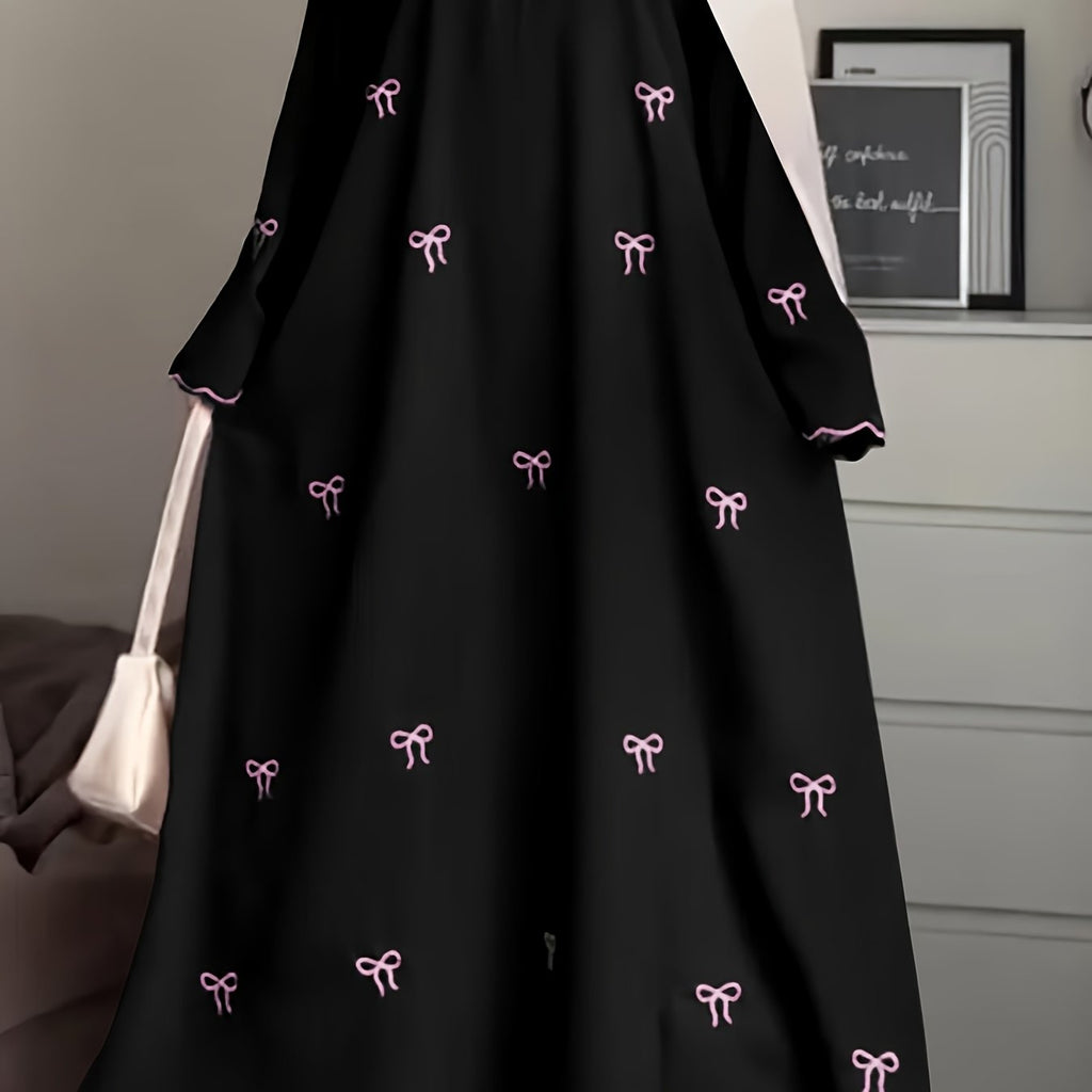 Elegant Long Dress for Middle Eastern Muslims During Ramadan, Featuring Bow Embroidery, Suitable for Casual Outings And Prayers (Abaya Does Not Include a Headscarf)