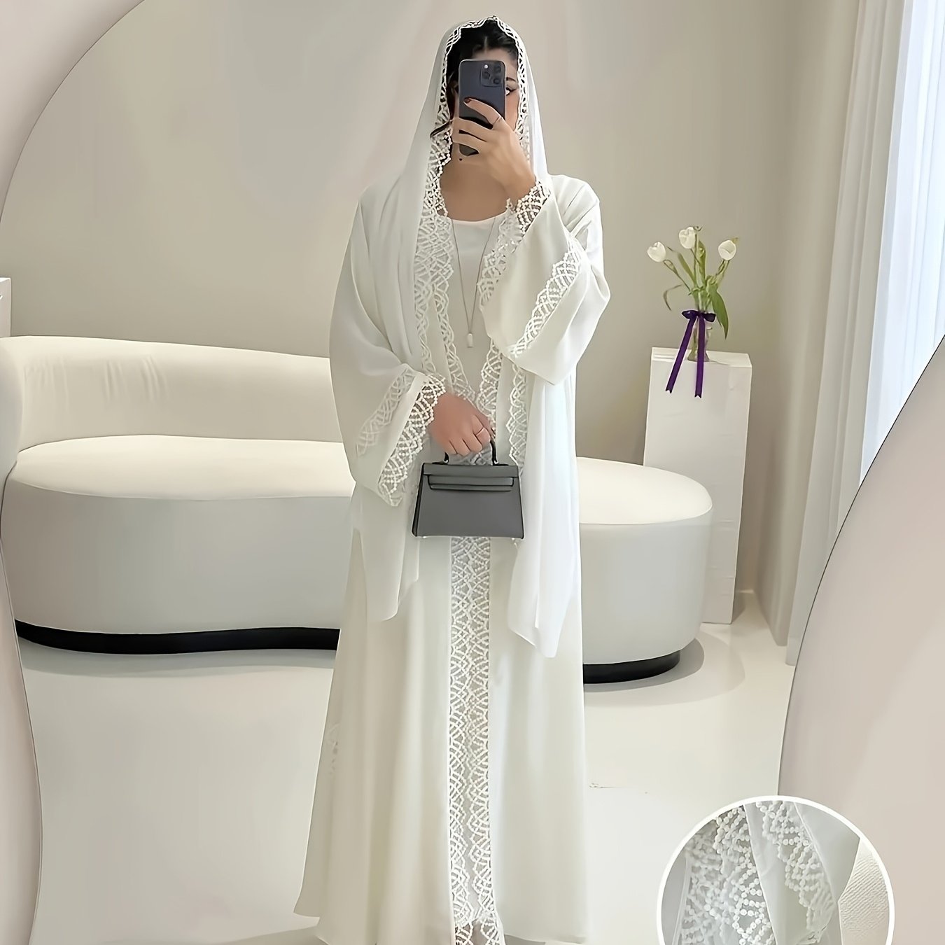 2026 Spring/Summer New Arrival Ladies' New Elegant Middle Eastern Muslim Cardigan White Robe Beach Vacation Dubai Saudi Traditional Clothing RamadanEid Al-FitrEid Al-Adha Exquisite Lace Party Dress Cardigan with Headscarf 1 Q