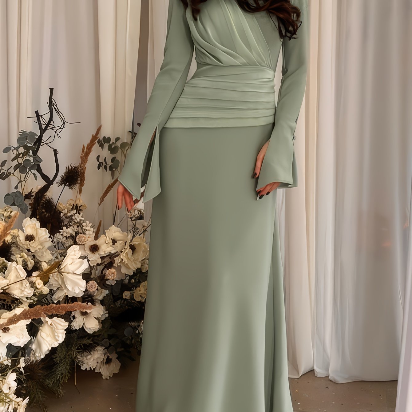 1pc Stylish Long Dress with Long Sleeves for Women Attending Weddings