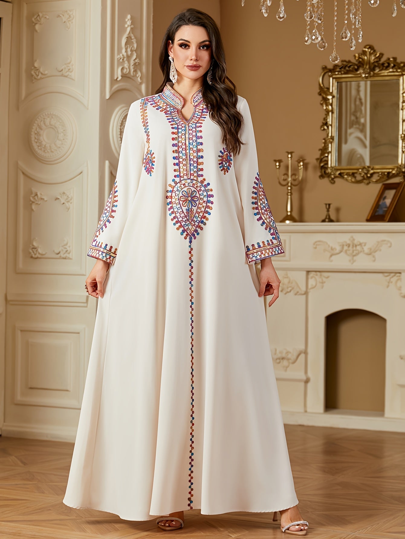 Elegant White Long Sleeve Dress with Colorful Designs and Sequins - A-Line Floor-Length Gown for Women, Perfect for Spring, Summer, and Fall, Versatile Fashion|Elegant Long Dress|Sequin Embellishments