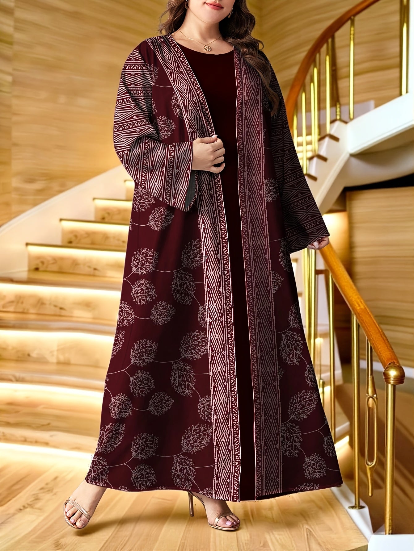 Plus Size, Women's Branch Digital Print Long Sleeve Casual Arabic Abaya Cardigan Long Outerwear, Spring and Autumn Open-Front Single-Layer Cardigan Dress, Dubai Abaya Luxury Muslim Women's Clothing