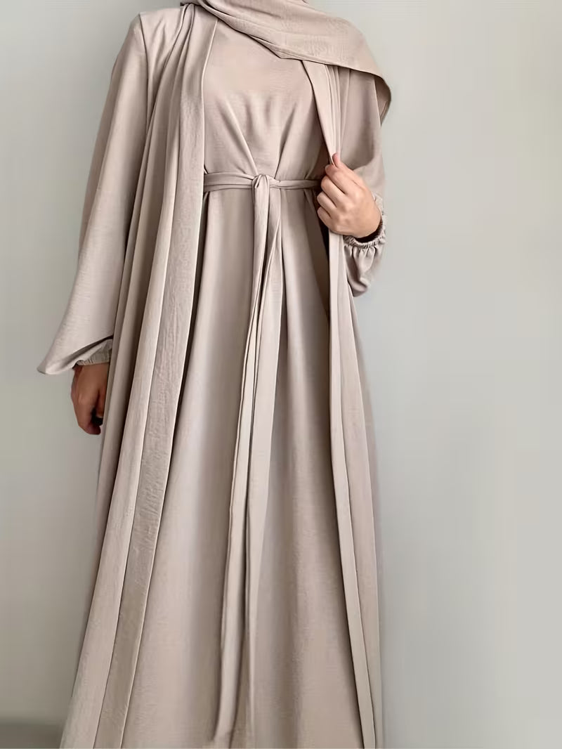 1Set Fashionable, Elegant And Casual Belt Inner And Wristband Elastic Solid Color Suitable for Daily Wear Loose And Comfortable Women'S Abaya Open Shirt Matching Suit.Abayas for Women Muslim Ferace Tesettür Clothing Women Robe Voile Khimar Hijab