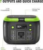 Black and green power station with charging ports and display on a white background