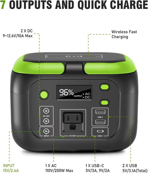 Black and green power station with charging ports and display on a white background