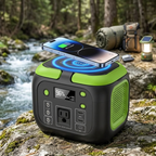 Green and black portable power station with a phone on top, surrounded by nature.