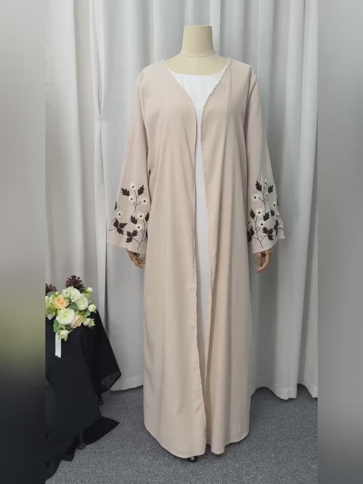 1pc Women's Breathable Embroidered Open Kimono Abaya Muslim Kaftan Dress Islamic Garment Robe Travel Cover-Up
