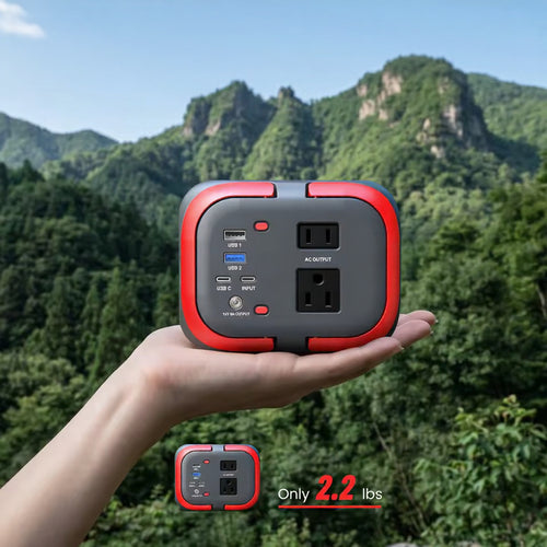 Hand holding a red and gray power adapter with mountainous landscape in the background