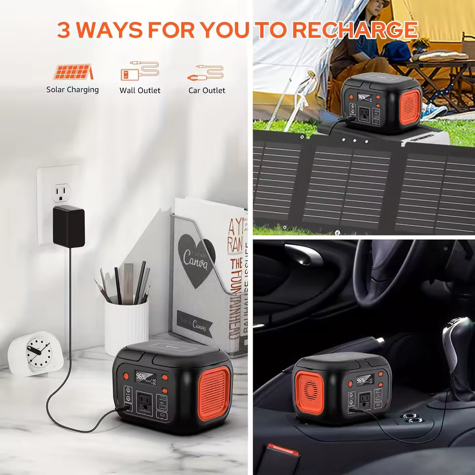 Infographic showing three fast charging methods for Wawry 150w generator: AC wall outlet, solar panel, and car outlet.
