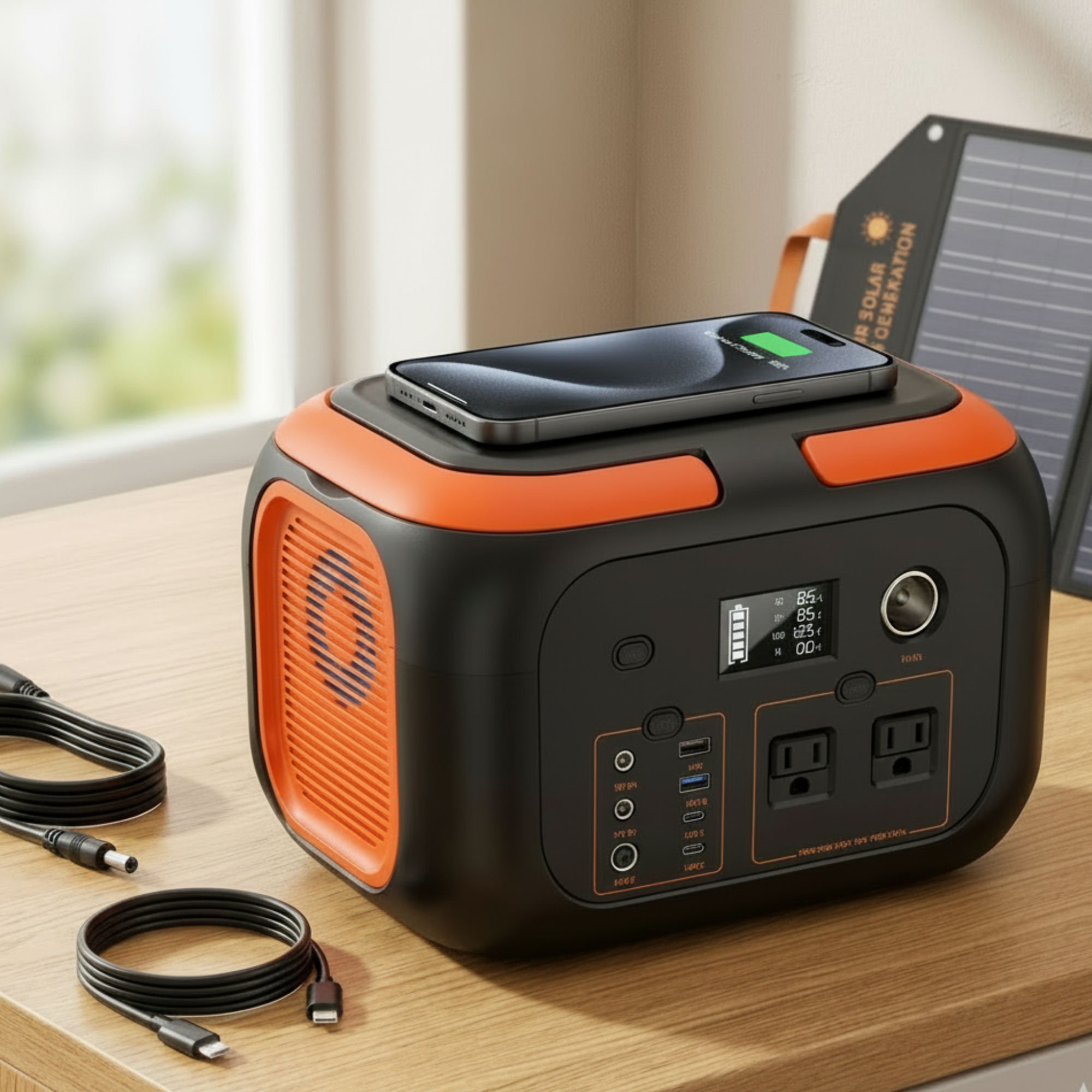 Top view of Wawry 150w power station showcasing built-in wireless phone charging pad.