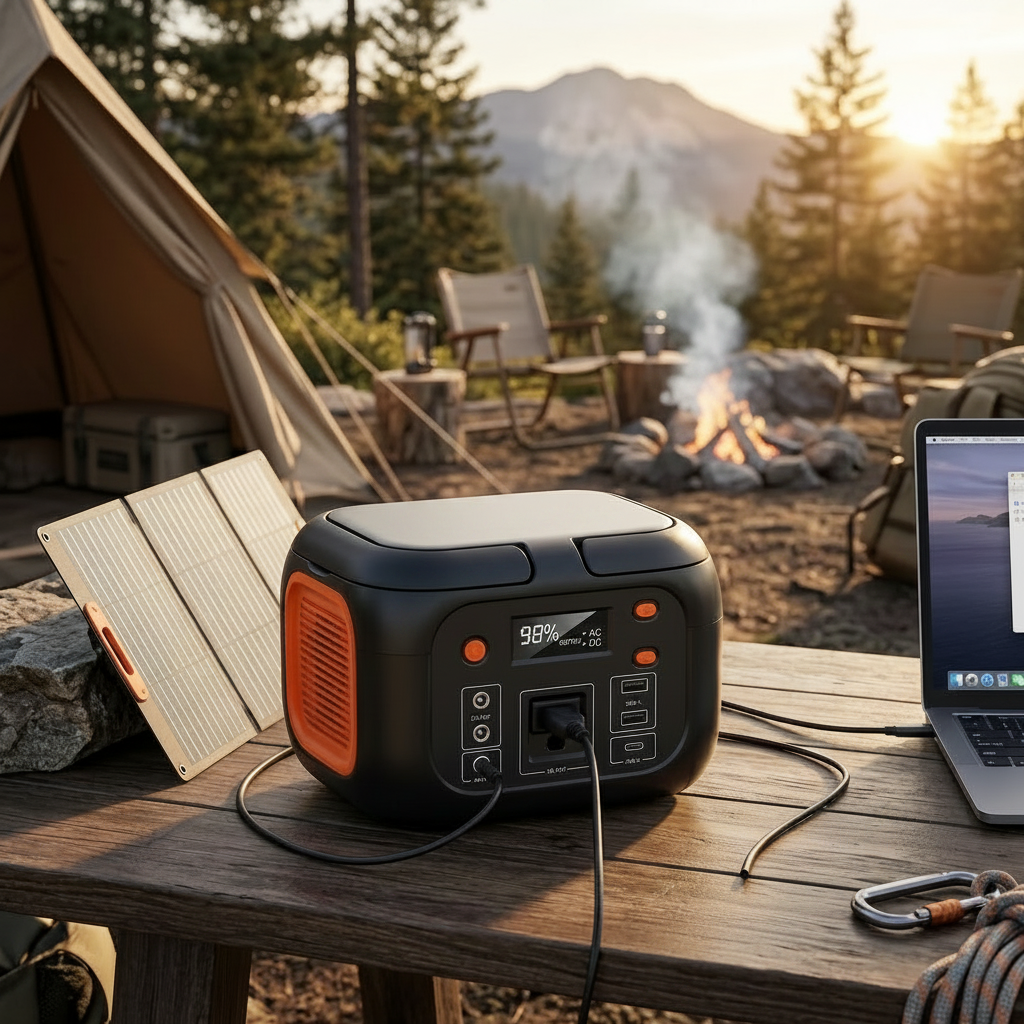 Wawry 150w portable power station charging a laptop next to a solar panel at a campsite.