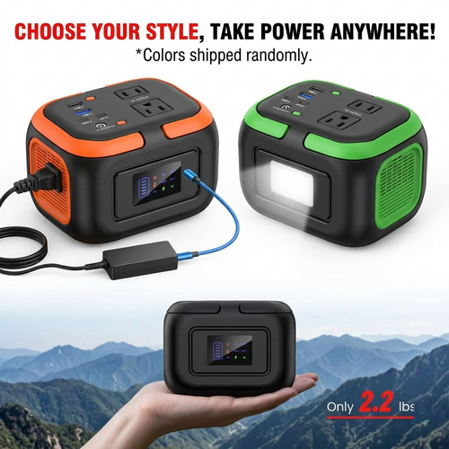 Portable power stations with colorful designs, hand holding one, and mountainous background.